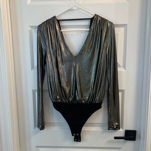 Express Shimmering Silver V-Neck Bodysuit